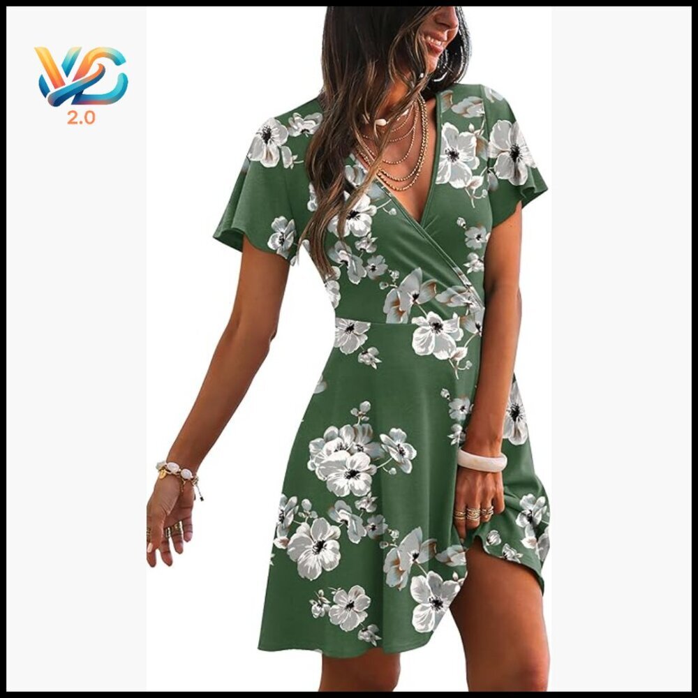 Wrap V-Neck A-Line Dress with Ruffle Sleeves, Summer Casual Sundress